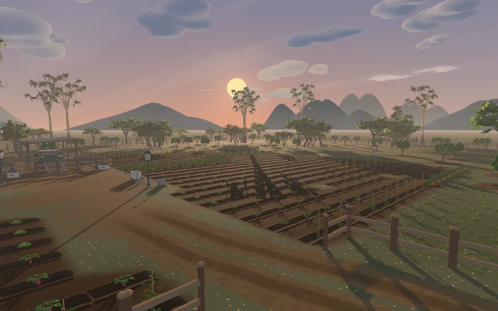 A grown farm at sunset in Farway Town, rows of crops and orchards under the sierra